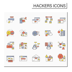 Hackers color icons set. Safe web browsing and cyber security. Concept of personal data and account theft, hacking attacks and malicious software types. Isolated vector illustration