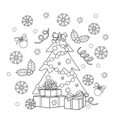 Fototapeta na wymiar Christmas tree, gifts and snowflakes. Cute simple childrens coloring page with elementary shapes. Holiday decor.