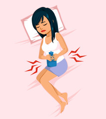 Top view illustration of young beautiful woman in painful expression holding her belly suffering menstrual period cramps lying sad on home bed. Female health concept