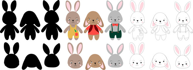 rabbits collection, cartoon on white background, isolated vector