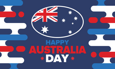 Australia Day. National happy holiday, celebrated annual in January 26. Australian flag. Patriotic elements. Poster, card, banner and background. Vector illustration