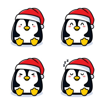 vector illustration of cute penguin emoji wearing santa hat