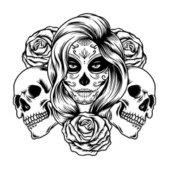 Illustration of black and white skull girl with rose in hairs