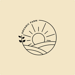 Organic farm line art badge logo vector illustration design template