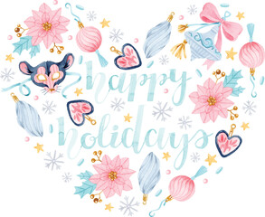 Happy holidays lettering, poinsettias and ornaments watercolor heart shaped illustration