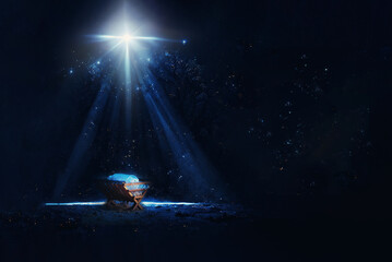 Nativity scene. Christian Christmas concept. Birth of Jesus Christ. Wooden manger in dark blue night. Banner, copy space. Jesus is reason for season. Salvation, Messiah, Emmanuel, God with us, hope - obrazy, fototapety, plakaty