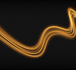 Shimmering golden waves with light effect isolated on transparent background. Wavy glowing bright flowing curved lines. Speed of light concept background.