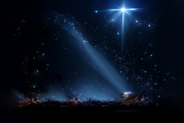 Nativity scene. Christian Christmas concept. Birth of Jesus Christ. Wooden manger in dark blue night. Banner, copy space. Jesus is reason for season. Salvation, Messiah, Emmanuel, God with us, hope - 537511173