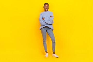 Fototapeta na wymiar Full size photo of young lady folded hands smiling done all work vacation isolated on yellow color background