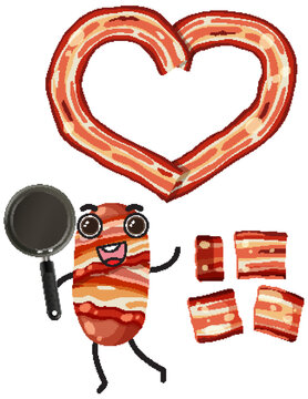 Bacon heart shaped with bacon cartoon character