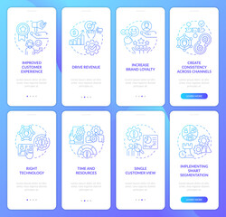 Fototapeta premium Personalized marketing strategy blue gradient onboarding mobile app screen set. Walkthrough 4 steps graphic instructions with linear concepts. UI, UX, GUI template. Myriad Pro-Bold, Regular fonts used