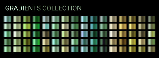 Green chrome gradient set vector colorful palette of metallic colors. Holographic background green, emerald, olive color swatch template for banner, screen, mobile, car. Metal gradient vector design