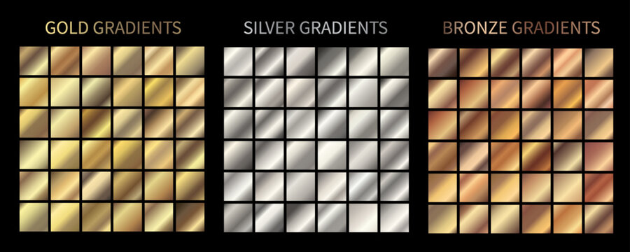Gold, silver, bronze gradients vector. Metallic gradients set of vector color swatches. For Christmas cards, banners, fonts, New Year Eve party flyers, invitation design, medal, ribbon, certificate