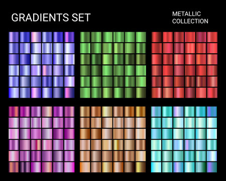 Vector Gradients Mega Set Big collection of chrome metallic gradients glossy colors backgrounds purple, blue, green, chrome, bronze, pink, red. Vector design