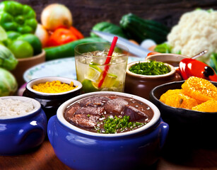 Traditional Brazilian feijoada with cabbage and rice