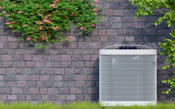 outdoor air conditioning unit in the backyard with plants 3d