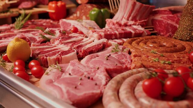 Raw organic slices of steak and sausages set of being sold in market. Decorative layout of of diverse meat goods in butchers shop.