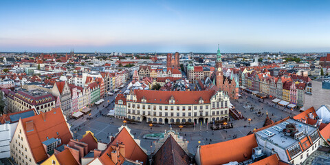 Wrocław old market square aerial panorama.