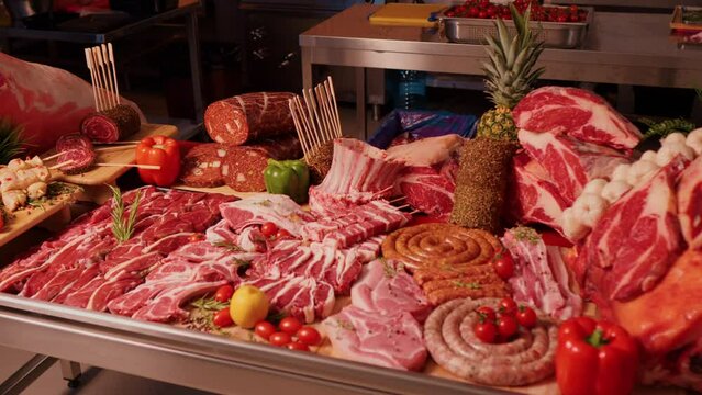 Meat products on display for sale on butchers table. Layout of various sausages and raw meat chunks. Handmade meat goods concept.