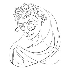 Day of the dead, portrait of Mexican Catrina with makeup skulls and floral wreath Abstract line drawing vector black and white illustration,inspiration Santa Muerte in Mexico and la Calavera