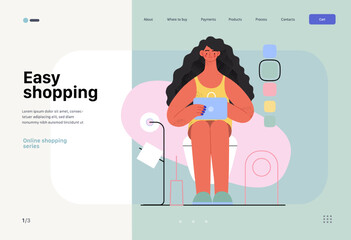 Easy shopping -Online shopping and electronic commerce web template - modern flat vector concept illustration of a woman in toilet shopping online. Promotion, discounts, sale and online orders concept