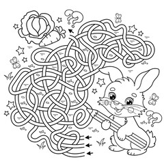 Maze or Labyrinth Game. Puzzle. Tangled road. Coloring Page Outline Of cartoon cute bunny or rabbit with carrot and cabbage. Coloring Book for kids.