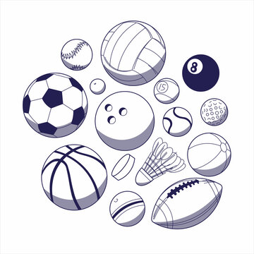 Flat set of sports equipment with transparent background. 