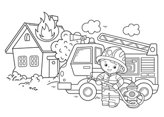 Coloring Page Outline Of cartoon fire truck with fireman or firefighter. Fire fighting. Professional transport. Coloring Book for kids.