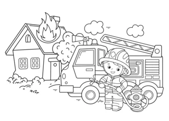 Foto op Aluminium Coloring Page Outline Of cartoon fire truck with fireman or firefighter. Fire fighting. Professional transport. Coloring Book for kids. © oleon17