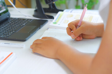 自宅の机に向かって勉強をする女児