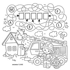 Maze or Labyrinth Game. Puzzle. Tangled road. Coloring Page Outline Of cartoon fireman or firefighter with fire truck. Fire fighting. Coloring book for kids.