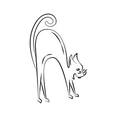 The angry cat hisses. Simple linear illustration in doodle style. Sketch of an animal. Clipart for design of cards, stickers, Halloween decor.