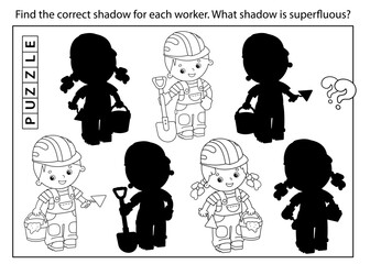 Puzzle Game for kids. Find correct shadow. Coloring Page Outline Of cartoon workers with building tools. Profession. Coloring book for children.
