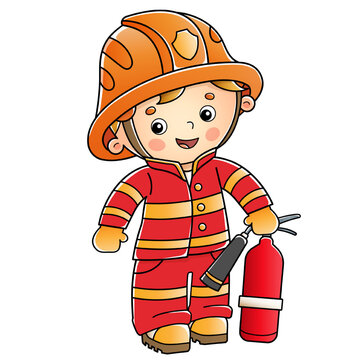 Cartoon fireman or firefighter with a fire extinguisher. Profession. Colorful vector illustration for kids.