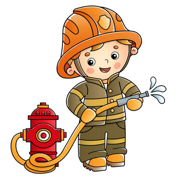 Cartoon fireman or firefighter  with a fire hydrant. Profession. Colorful vector illustration for kids.