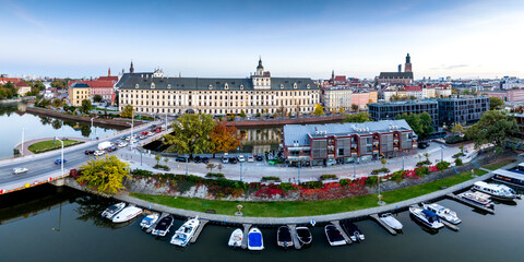 Wroclaw marina and the university panoramic aerial shot. - obrazy, fototapety, plakaty