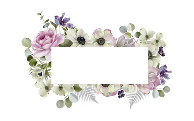 Frame with beautiful watercolor anemones isolated on a white background. It's perfect for greeting cards, wedding invitation, wedding design.
