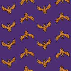 Halloween seamless pattern with orange flying bat silhouettes on purple background