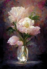 Oil painting of pink peonies in a beautiful bouquet in a vase, digital art, printable artwork, floral wall art - obrazy, fototapety, plakaty