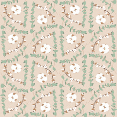 Boho seamless pattern with eucalyptus and cotton on beige background.