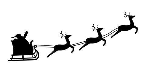 Trineo de Santa Claus con renos de navidad. Papá Noel repartiendo regalos en el trineo. Feliz Navidad. Ilustración vectorial © Frank