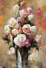 Pink roses flowers, oil painting, beautiful flowers bouquet in a vase, garden flowers wall art, digital art, printable home decor art, large artwork - obrazy, fototapety, plakaty