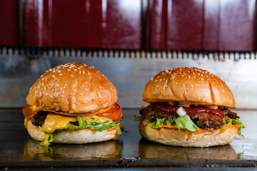 hamburger on top of hot griddle