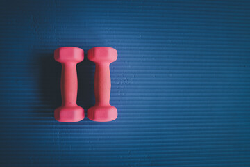 Top view of blue sport mat and pink dumbbells put on the wood floor at gym fitness. Flat lay of...