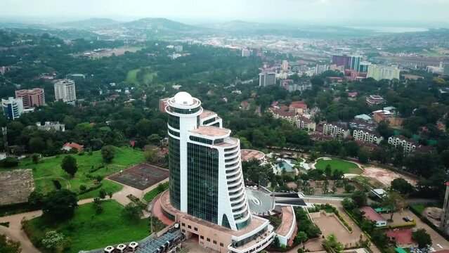 Aerial Drone View Of Pearl Of Africa Hotel In The City Center On Nakasero Hill In Kampala, Uganda.
