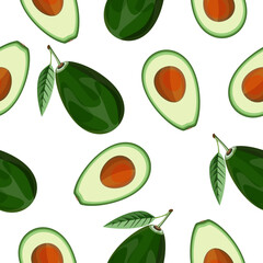 Seamless pattern of avocado fruit whole and half on a white background.Vector fruit pattern.