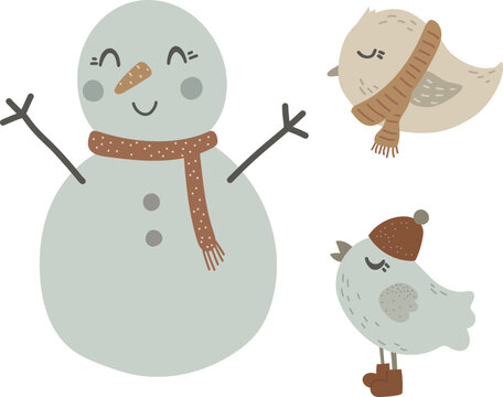 Cute snowman and winter birds vector illustration for design, print, pattern, isolated on white background