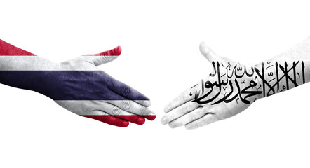 Handshake between Afghanistan and Thailand flags painted on hands, isolated transparent image.