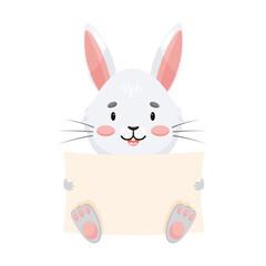 Rabbit is sits and holding a poster with place for text in his hands. Bunny character in cartoon style isolated on white background