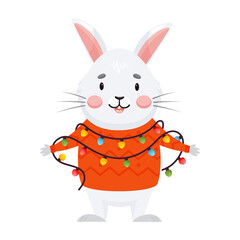 Happy rabbit in a red sweater is wrapped in a garland with multicolor lights. Mascot bunny character in cartoon style on Christmas and New Year holidays isolated on white background